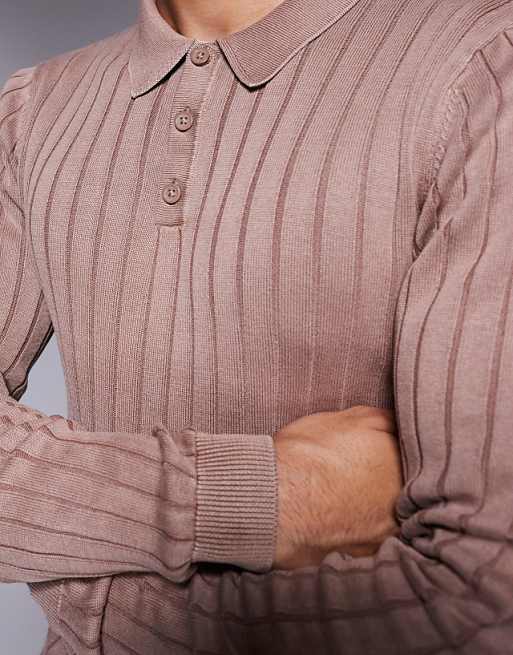 Asos Design Knit Washed Muscle Ribbed Polo Sweater In Brown