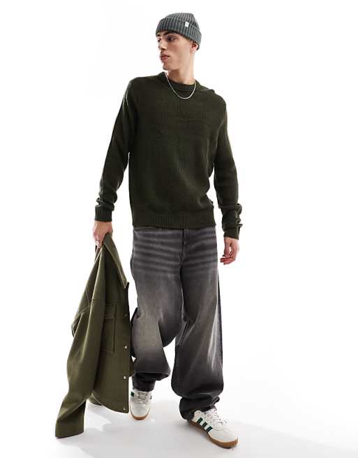 Jack & Jones textured crew neck sweater in khaki