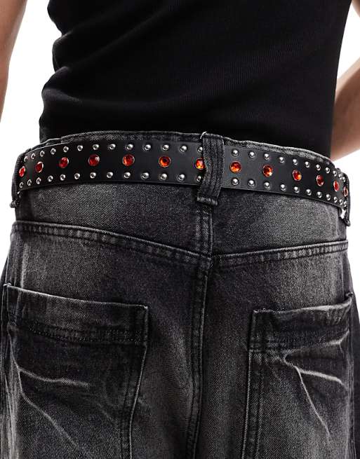 Asos Design Faux Leather Belt With Red Crystals And Studs In Black