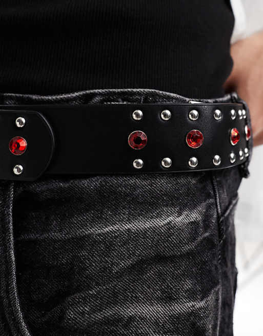 Asos Design Faux Leather Belt With Red Crystals And Studs In Black