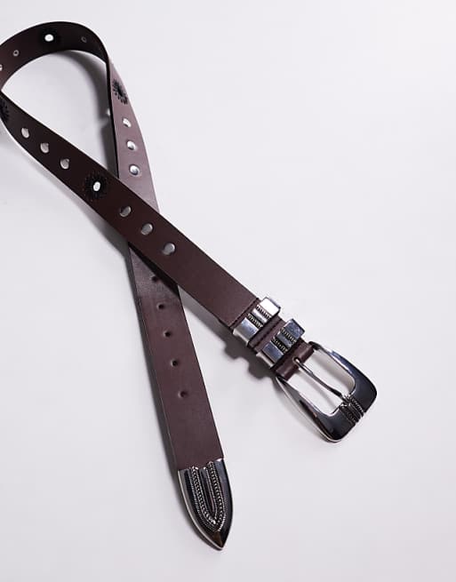 Asos Design Western Belt With Studs And Stitching Details In Brown Faux Leather