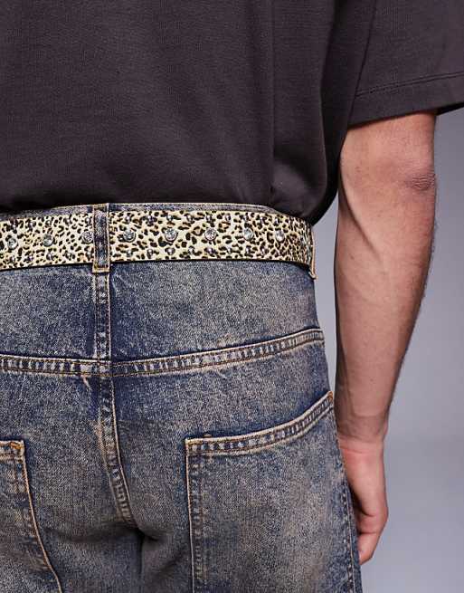 Asos Design Faux Leather Leopard Print Belt With Diamante Studs In Beige