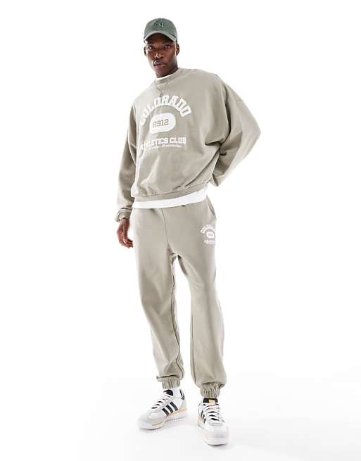 Trousers Asos Design Oversized With Vintage Varsity Puff Print In Khaki - Part Of A Set