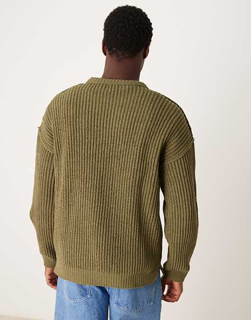 Asos Design Relaxed Chenille Crew Neck Rib Knit Sweater In Olive