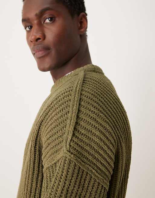 Asos Design Relaxed Chenille Crew Neck Rib Knit Sweater In Olive