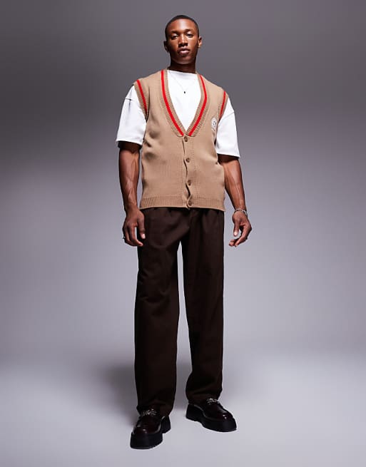 Asos Design Knit Sleeveless Cardigan With Chest Embroidery In Stone With Red Tipping