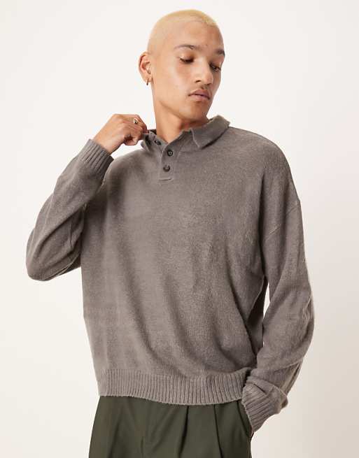 Asos Design Brushed Texture Knit Oversized Boxy Fit Polo Sweater In Gray