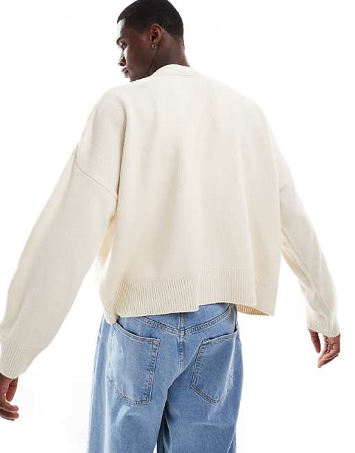 Asos Design Oversized Knitted Boxy Cardigan Sweater In Ecru