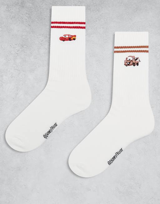 Men ASOS DESIGN 2 pack Disney Mater and Mcqueen embroidery socks in white