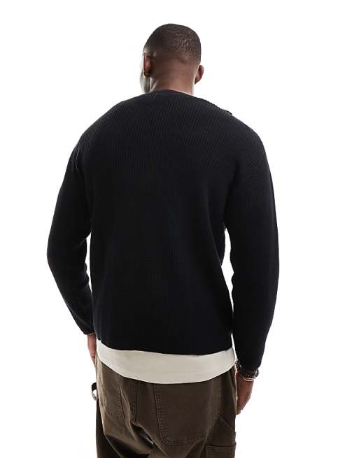 Pull&bear Ribbed Knit Sweater In Black
