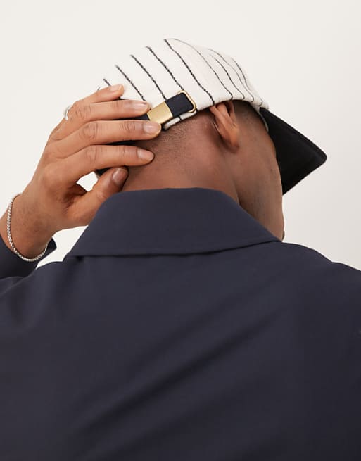 Asos Design Melton Baseball Cap With Embroidery And Stripes In Ecru And Navy