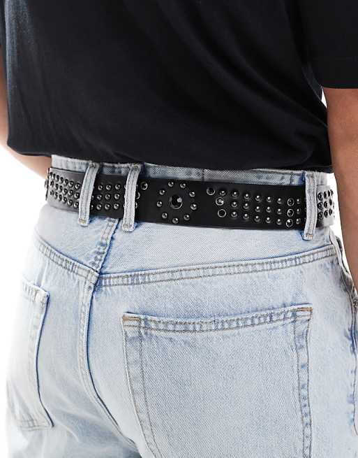 Asos Design Western Belt With Studs And Black Crystal Detailing In Black Faux Leather