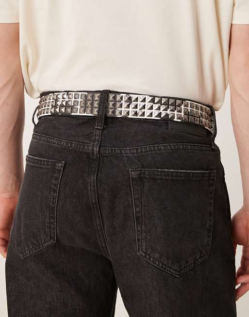 Asos Design Studded Belt With Cow Print In Faux Leather