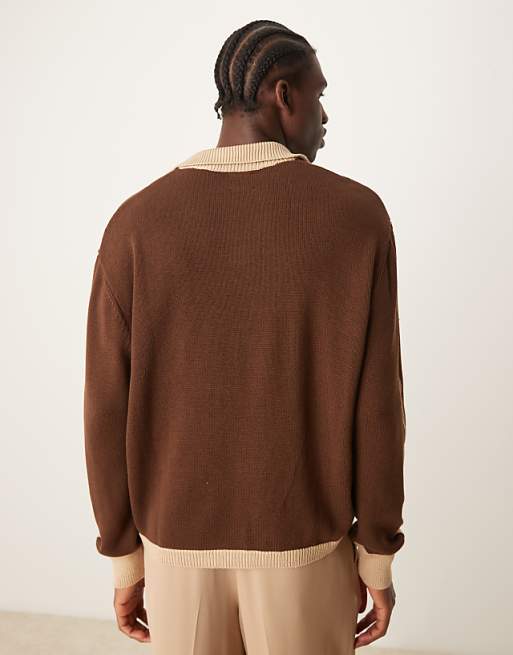 Asos Design Cotton Blend Knit Sweater With Contrast Collar And Cuffs In Beige And Brown
