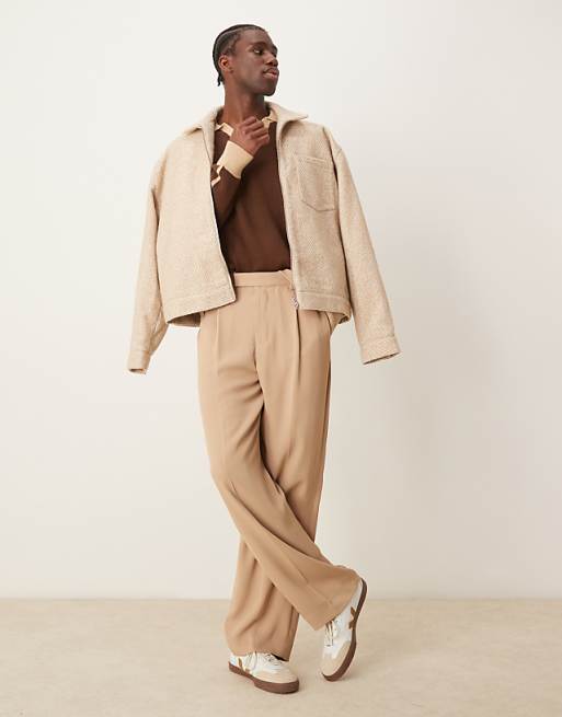 Asos Design Cotton Blend Knit Sweater With Contrast Collar And Cuffs In Beige And Brown