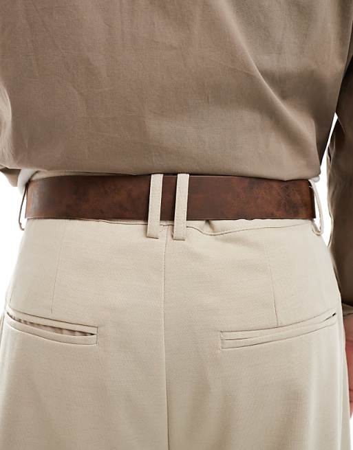 Asos Design Rams Head Buckle Belt In Washed Dark Brown Faux Leather