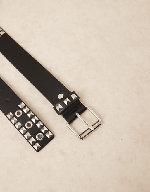 Asos Design Belt With Grommets And Studs In Black Faux Leather
