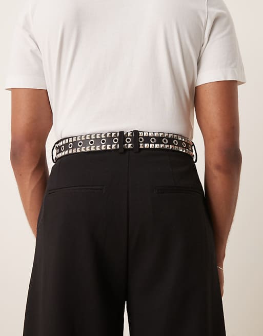 Asos Design Belt With Grommets And Studs In Black Faux Leather