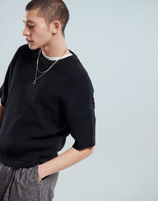 Asos Design Relaxed Knitted Sweaters With Rib Panel In Black
