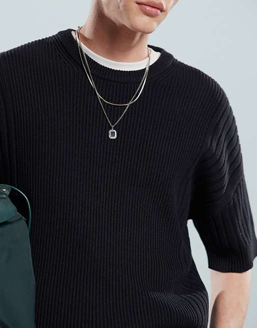 Asos Design Relaxed Knitted Sweaters With Rib Panel In Black