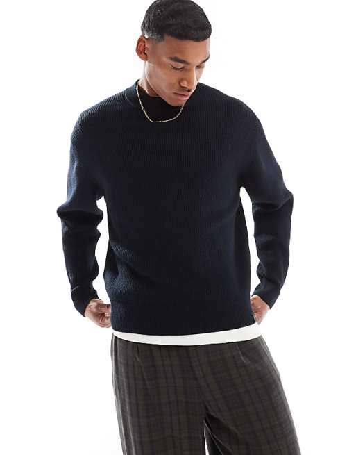 Pull&bear Fisherman Knit Sweater In Black
