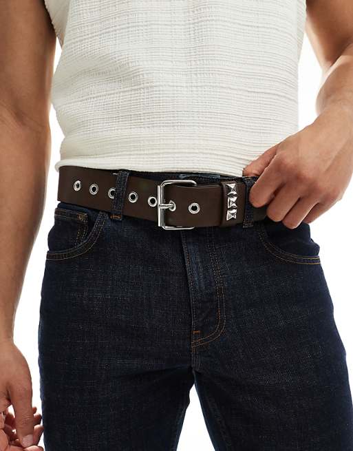 Asos Design Studded Belt In Brown Faux Leather