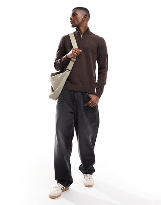 Threadbare 1/4 Zip Sweater In Chocolate Brown