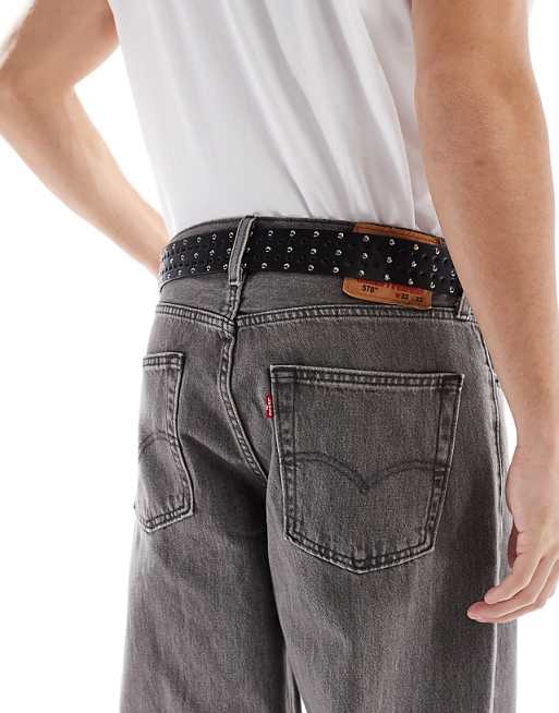 Asos Design Plated Buckle Belt With Studs In Black Faux Leather