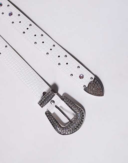 Asos Design Western Belt With Crystal Studs In White Mock Croc Faux Leather