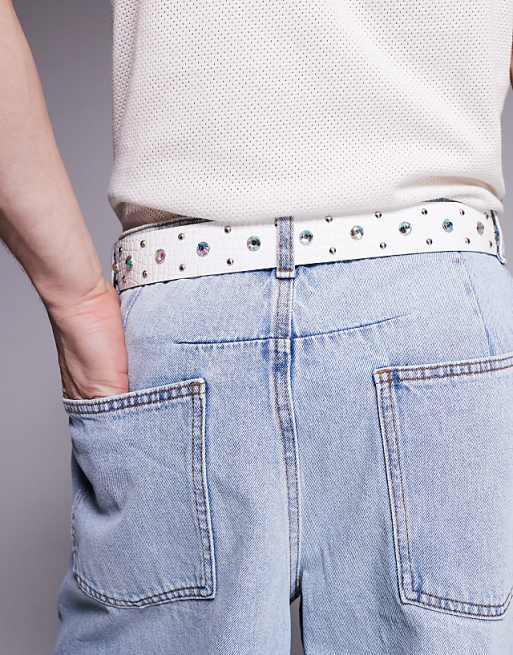 Asos Design Western Belt With Crystal Studs In White Mock Croc Faux Leather