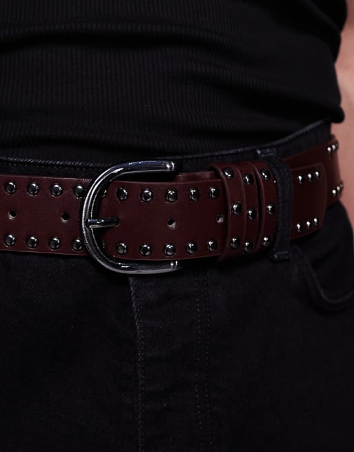 ASOS DESIGN studded belt in burgundy faux leather