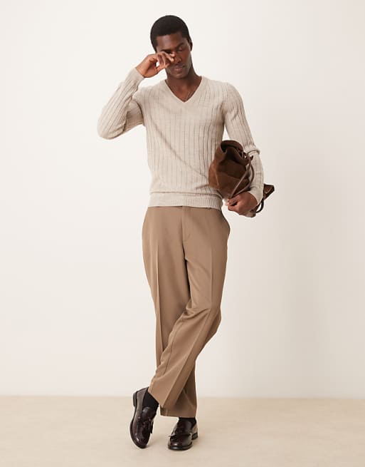 Asos Design Muscle Fit Rib Knit V Neck Sweater In Stone