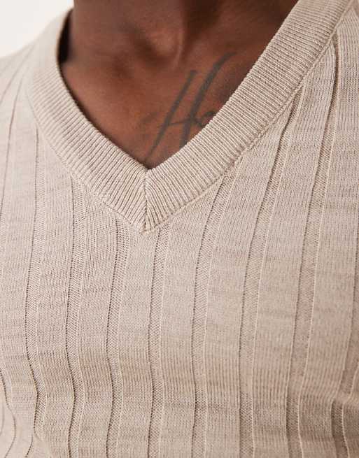 Asos Design Muscle Fit Rib Knit V Neck Sweater In Stone