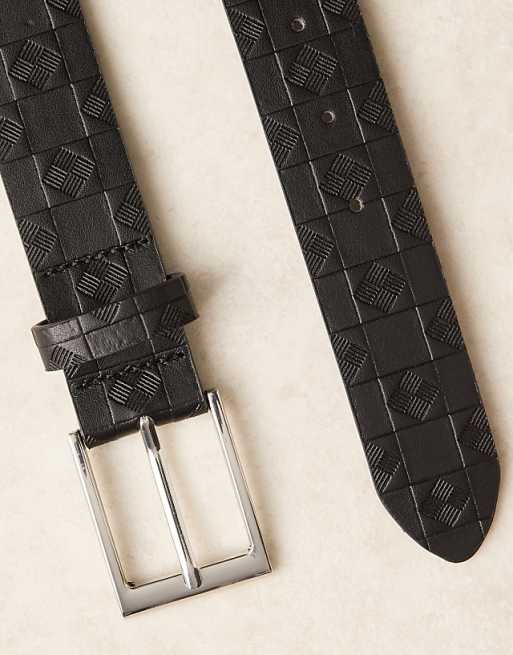 Asos Design Embossed Checkerboard Belt In Black Faux Leather