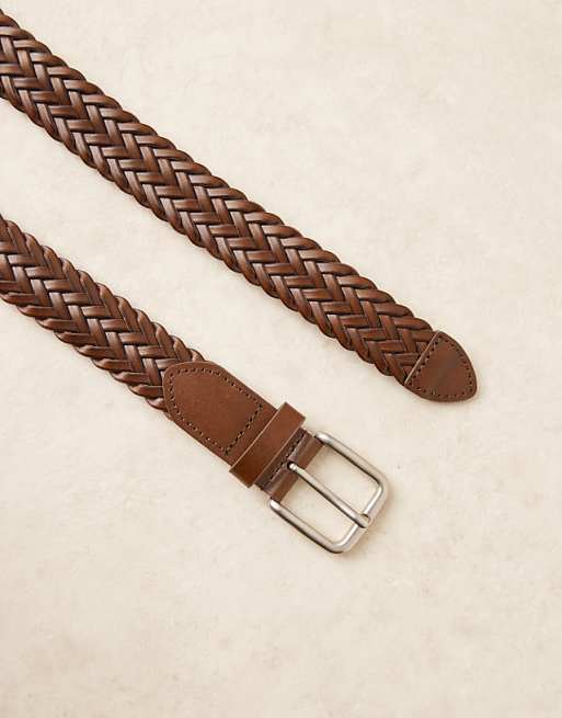 Asos Design Woven Belt In Brown Bonded Leather