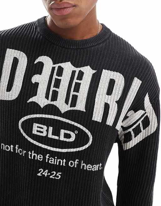 Bershka Washed Ribbed Sweater With Graphic In Charcoal