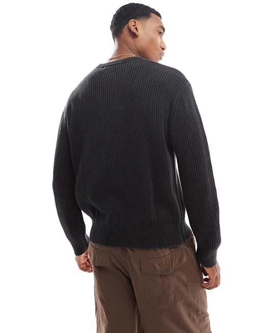 Bershka Washed Ribbed Sweater With Graphic In Charcoal