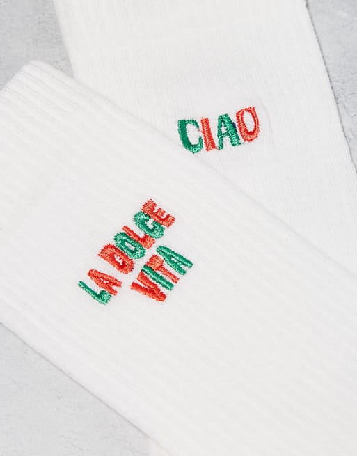 Men ASOS DESIGN 2-pack socks with Ciao and La Dolce Vita graphics in ecru