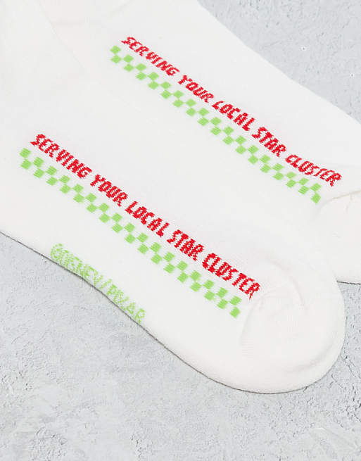Men ASOS DESIGN 2 pack Disney's Toy Story Pizza Planet socks in ecru