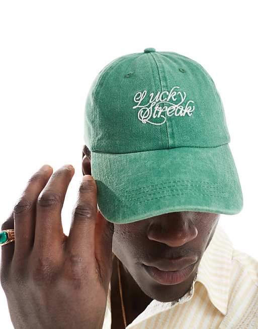 Asos Design Lucky Streak Embroidered Cap In Washed Green