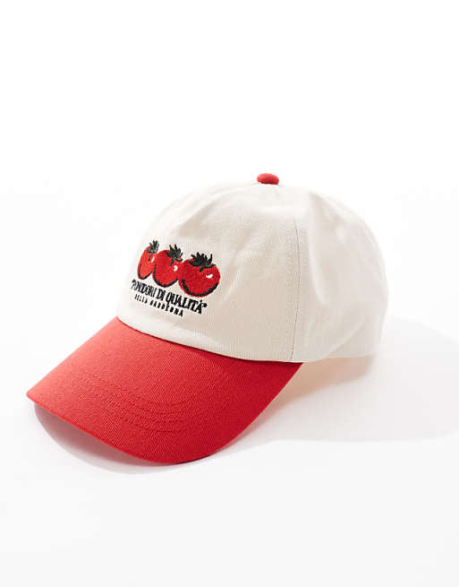 Asos Design Tomato Embroidery Cap In Ecru And Red
