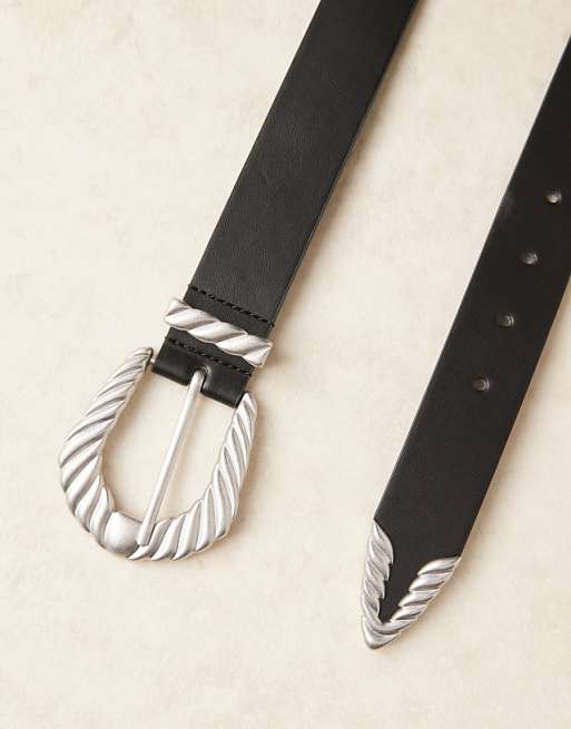 Asos Design Western Black Faux Leather Jeans Belt With Ridge Detail Buckle In Antique Silver