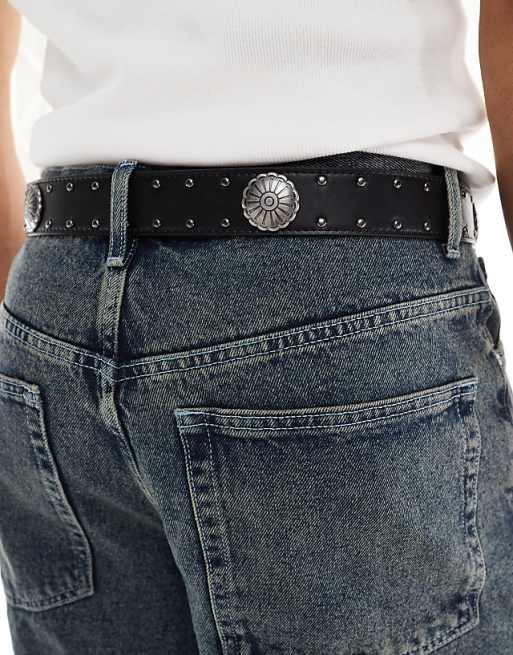 Asos Design Western Floral Studded Belt In Faux Black Leather