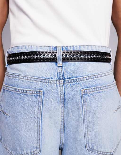 Asos Design Western Belt With Chain Detail In Black Faux Leather