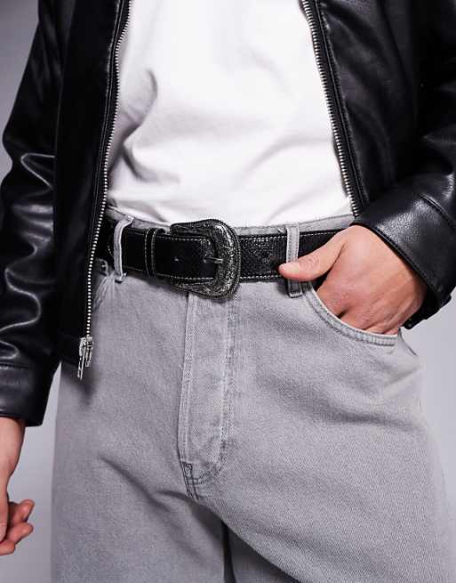 Asos Design Western Cowboy Belt In Black Faux Leather With Snakeskin And Contrast Stitch Detail