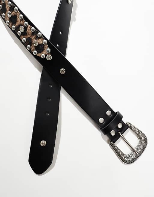 Asos Design Western Studded Trophy Belt In Black Faux Leather With Leopard Print Detail