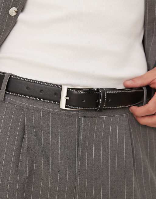 Asos Design Dressy Belt With Contrast Stitching In Black Faux Leather