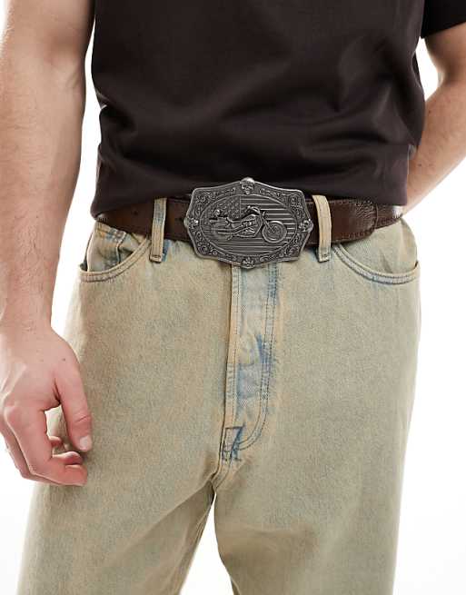 Asos Design Moto Americana Plate Belt Buckle In Brown Faux Leather With Whipstitch Detail