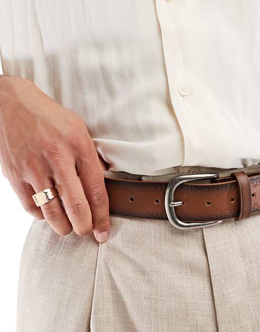 Asos Design Embossed Belt In Burnished Brown Faux Leather