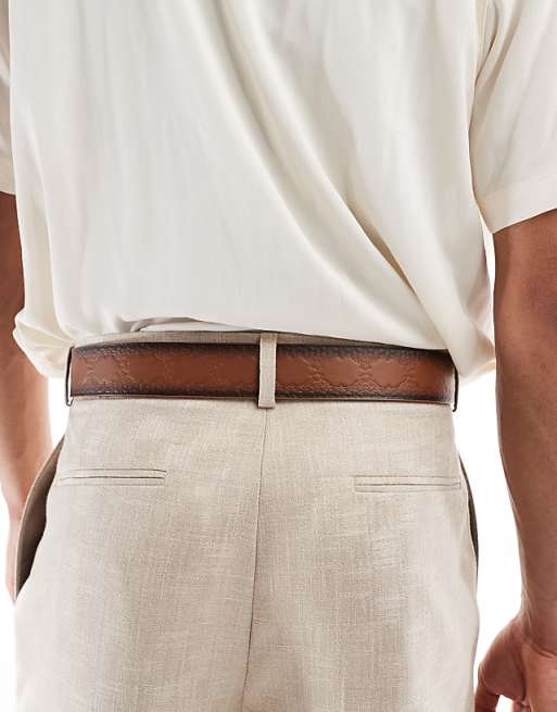 Asos Design Embossed Belt In Burnished Brown Faux Leather